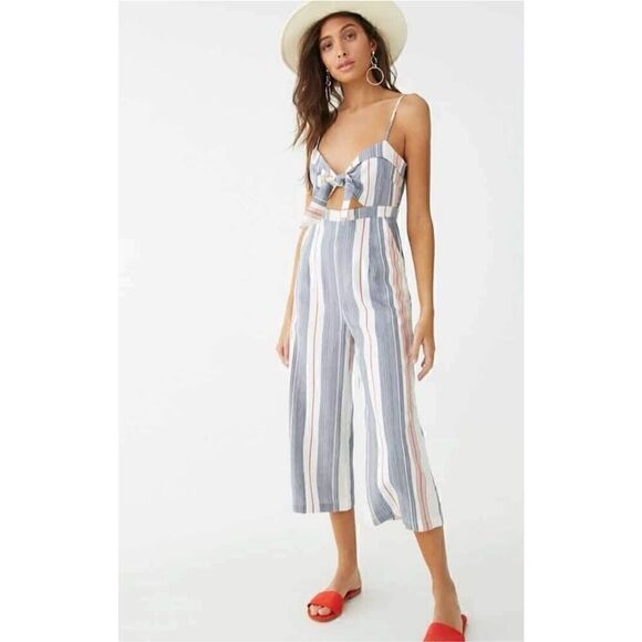 Forever 21 Striped Tie Front Women’s Cropped Wide Leg Romper/Jumpsuit - Picture 2 of 12